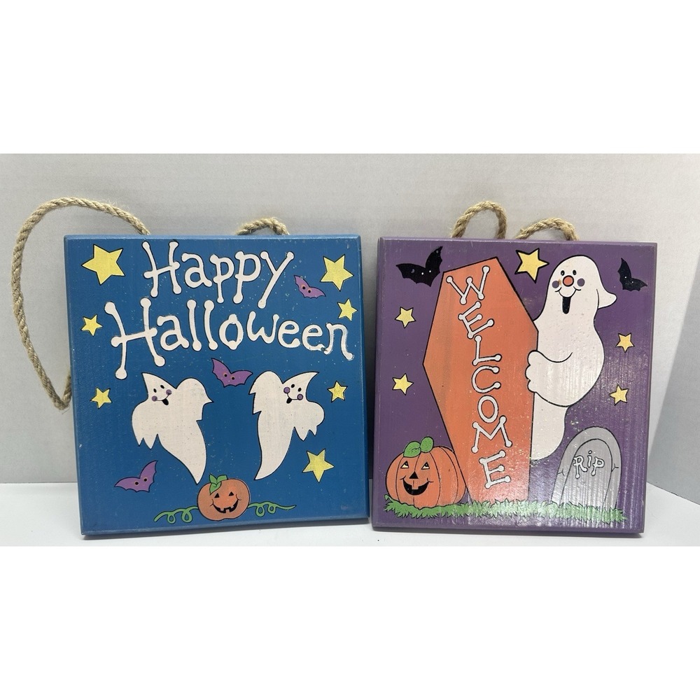 VTG 90's Halloween Painted Wooden Hanging Wall Plaques 7"x7"